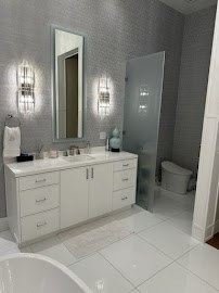 Finished bathroom vanity and mirror