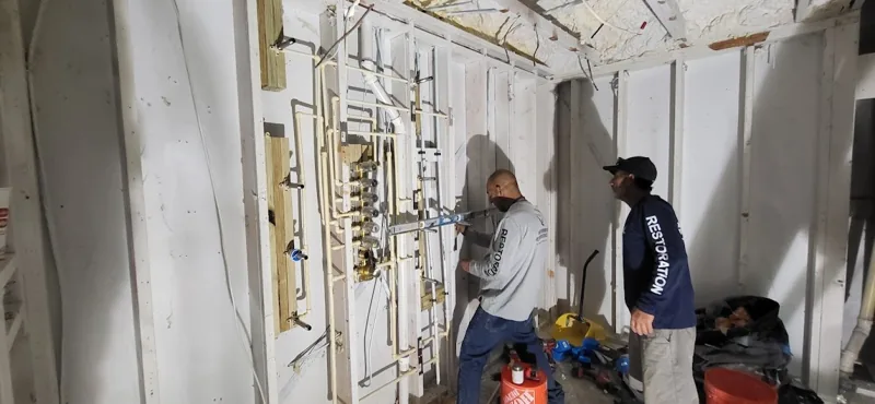 Crew working inside an opened interior wall area