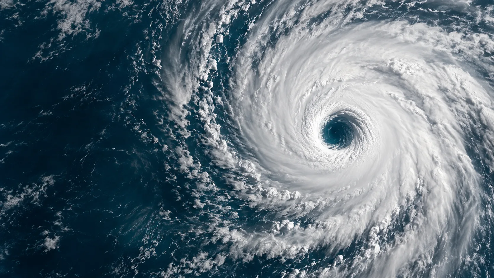 Illustration of a hurricane eye surrounded by spiral clouds over the ocean